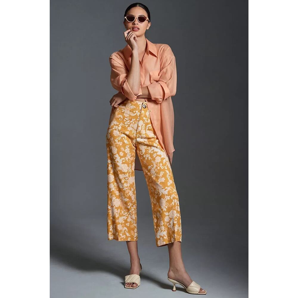 Anthropologie Peach Shirt with Yellow Floral Wide-Leg Pants